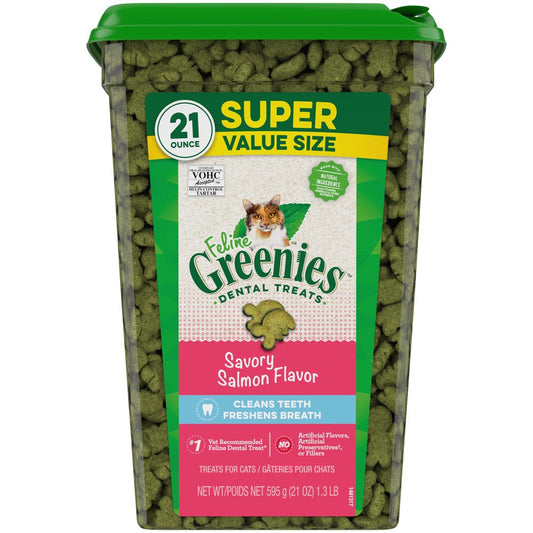 FELINE GREENIES Adult Dental Cat Treats, Savory Salmon Flavor, 21 Oz. Tub Animals & Pet Supplies > Pet Supplies > Cat Supplies > Cat Treats Mars Petcare   