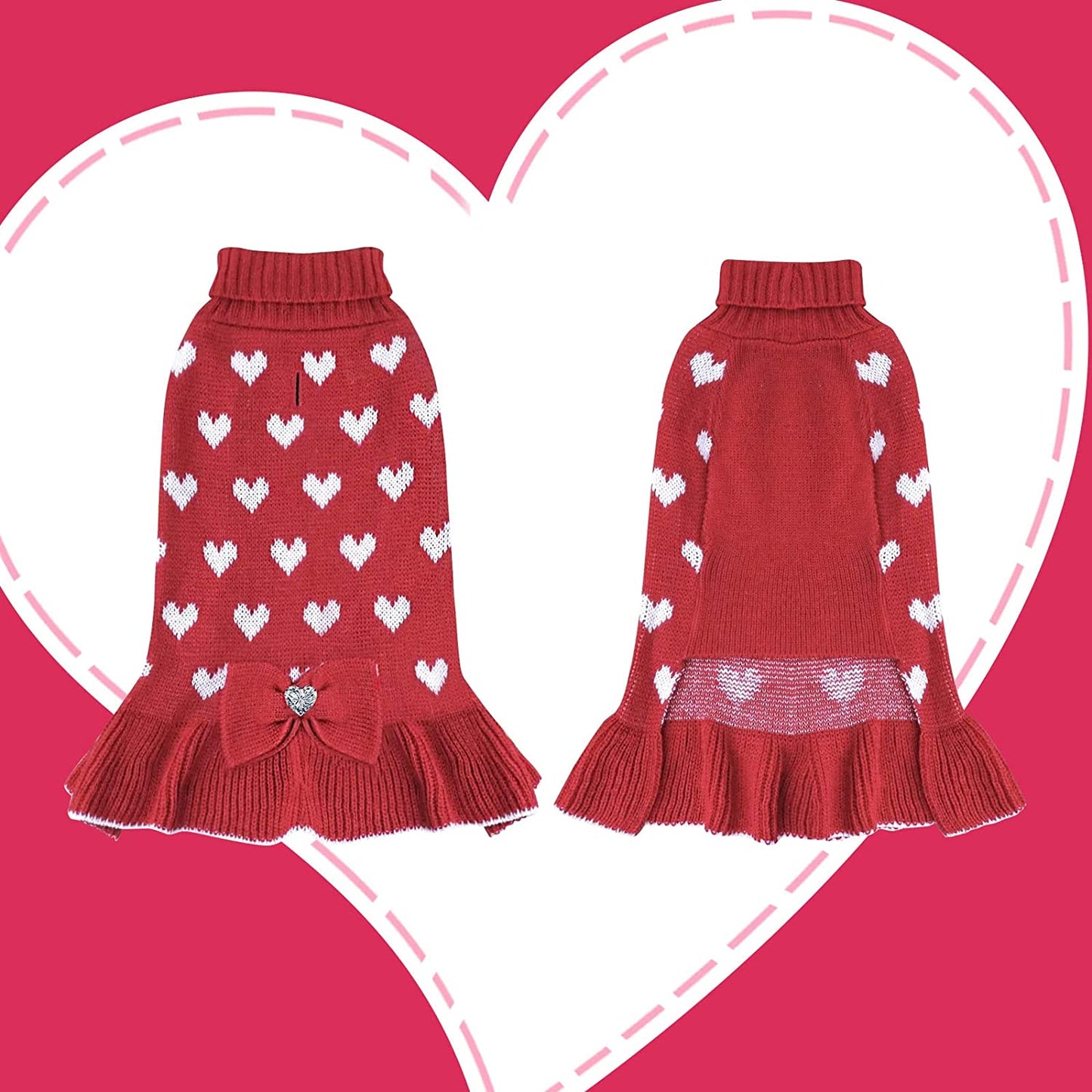 KYEESE Valentine'S Day Dog Sweater Dress with Bowtie Red Heart Small Dog Sweater with Leash Hole Turtleneck Dog Knitwear Animals & Pet Supplies > Pet Supplies > Dog Supplies > Dog Apparel kyeese   