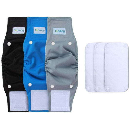 Teamoy Belly Bands for Male Dogs with Removable Pads, Reusable Washable Puppy Dog Diaper Wraps (Pack of 3) M(13"-16"Waist) Gray+Black+Blue(White Lining) Animals & Pet Supplies > Pet Supplies > Dog Supplies > Dog Diaper Pads & Liners Teamoy   