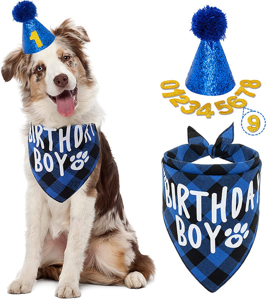 FLYSTAR Dog Birthday Bandana with Hat and Number - Plaid Cute Doggy Bandana for Small Medium Large Dogs Boy- Blue Triangle Scarf Bibis Party Dog Outfits Animals & Pet Supplies > Pet Supplies > Dog Supplies > Dog Apparel FLYSTAR Blue  