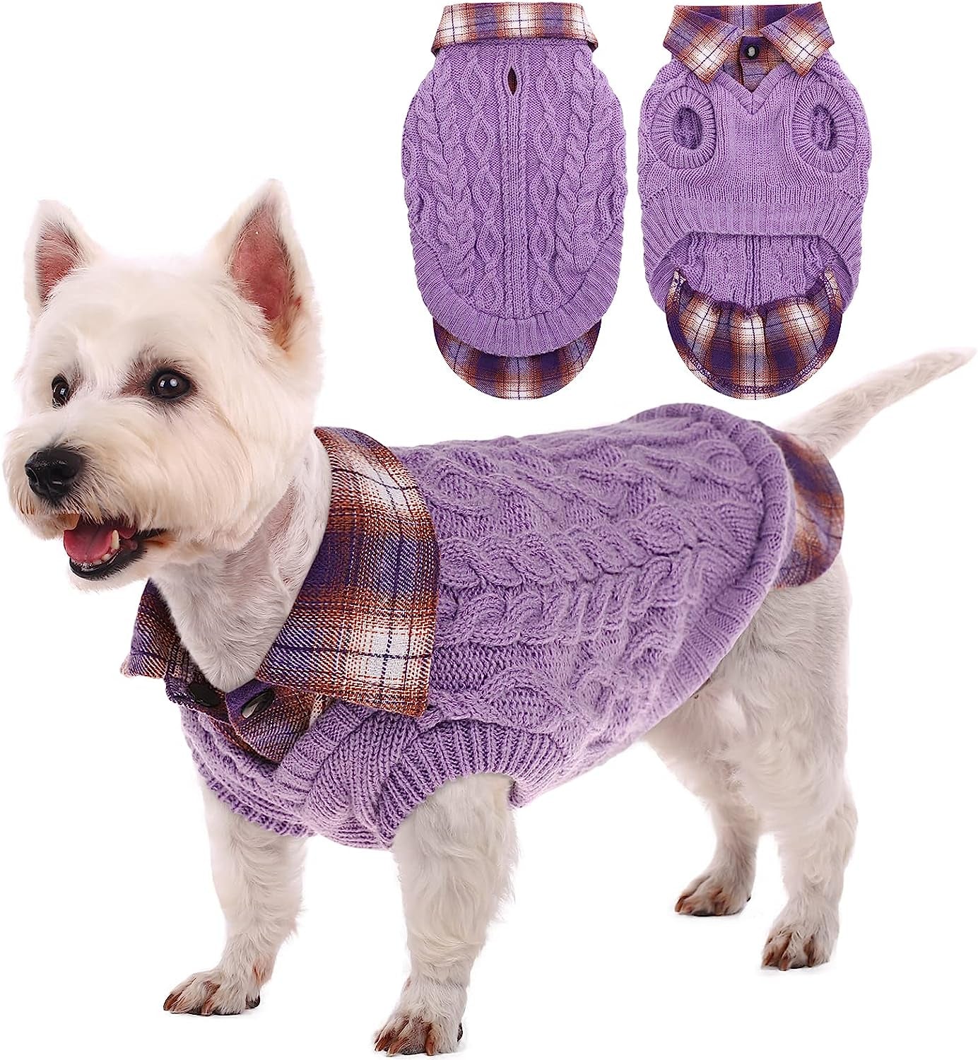 Kuoser Dog Sweater, Plaid Patchwork Dog Knitwear Vest for Fall Winter, Pullover Cozy Dog Clothes Pet Cold Weather Coat Warm Apparel for Small Medium Dogs Cats Xs-Xl(Black, S) Animals & Pet Supplies > Pet Supplies > Dog Supplies > Dog Apparel Kuoser Purple Large (pack of 1) 