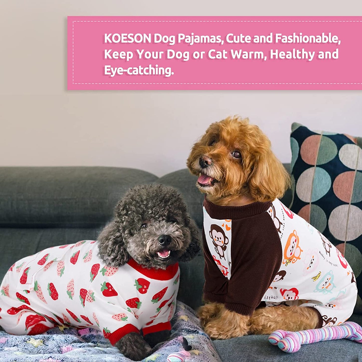 KOESON 2 Pack Cotton Dog Pajamas, Cozy Stretchy Cat Onesie Pet Jumpsuit Clothes with Cute Fruit/Animal Pattern, Soft Breathable Puppy Rompers Bodysuit Shirts for Small Medium Dogs Cats Animals & Pet Supplies > Pet Supplies > Dog Supplies > Dog Apparel KOESON   