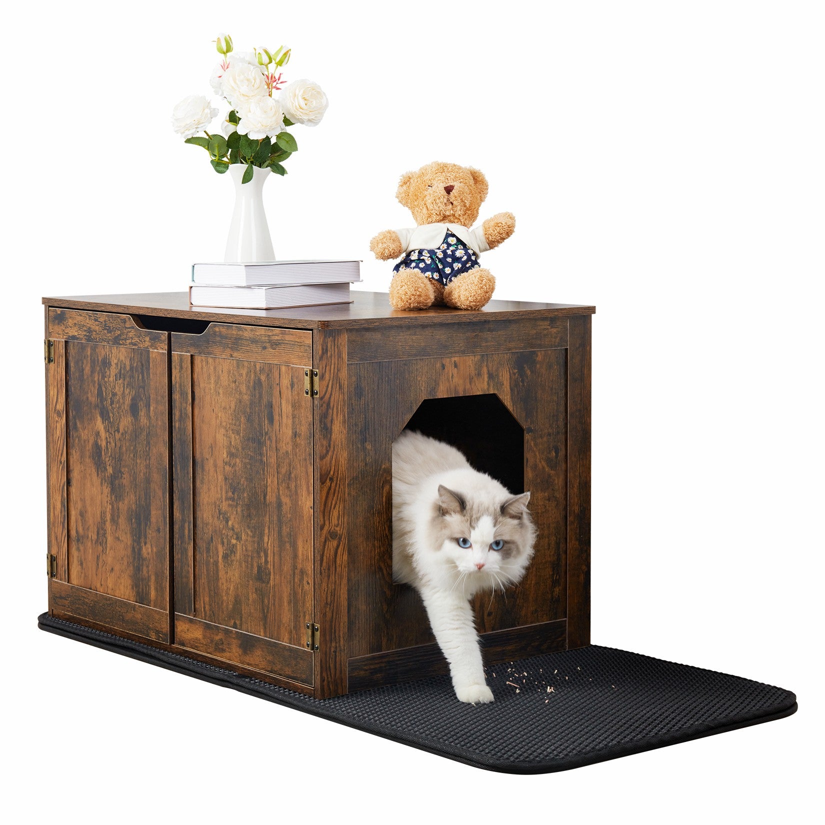 Bingopaw Wooden Cat Litter Box Enclosure Furniture with Two Door, Litter Mat