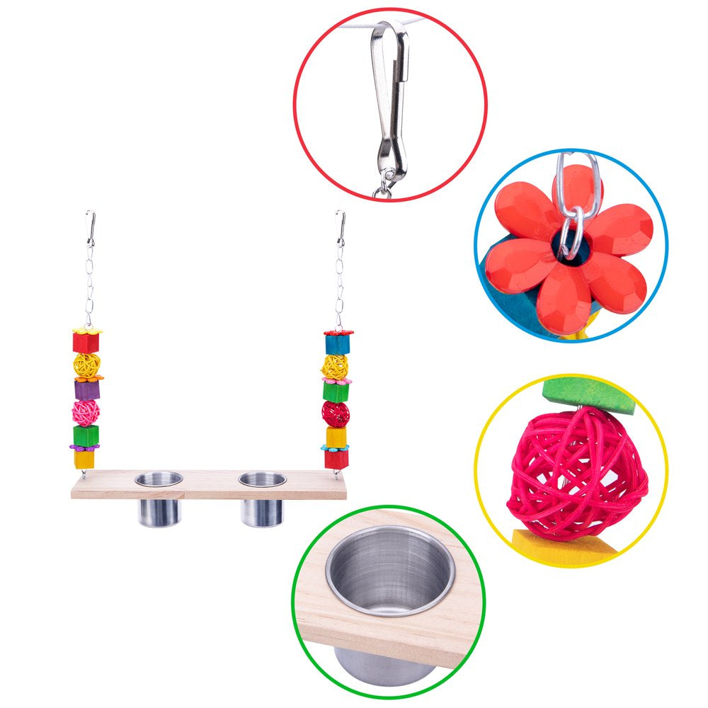 Meidiya Hanging Bird Swing Toy with 2 Stainless Steel Cups,Bird Perch Stand with Feeding Dish Cups and Chewing Blocks Parrot Cage Accessories for Parakeet Cockatiels Birds Animals & Pet Supplies > Pet Supplies > Bird Supplies > Bird Cage Accessories Meidiya   