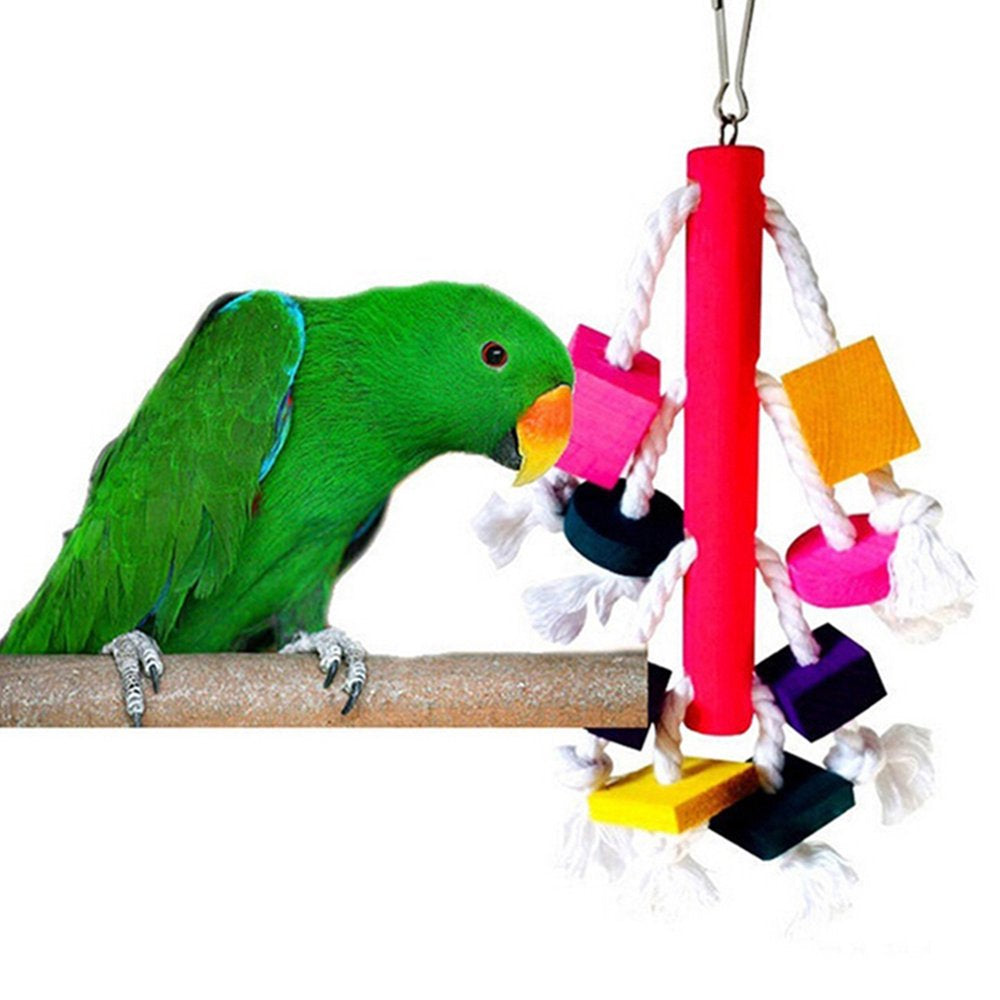 SPRING PARK Wooden Knots Block Parrot Toys with Bells, Bird Chewing Cotton Rope Toy for Medium and Large Parrots,Cockatoo,African Grey,Macaws