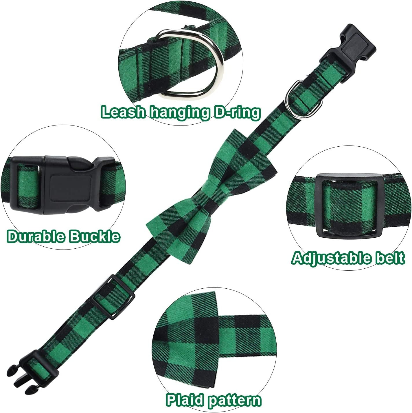 Malier 2 Pack Dog Collar with Bow Tie, Christmas Classic Plaid Pattern Dog Collar with Light Adjustable Buckle Suitable for Small Medium Large Dogs Cats Pets (Small, Red + Green) Animals & Pet Supplies > Pet Supplies > Dog Supplies > Dog Apparel Malier   