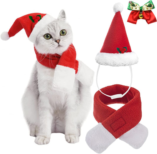 VALUCKEE Christmas Cat Costumes Santa Hats and Scarf, Adjustable Xmas Outfit Clothes with Bow Tie for Pet Small Dog, Winter Warm Snowflake Hat for Cat, Kitty Puppy Xmas Gift Present