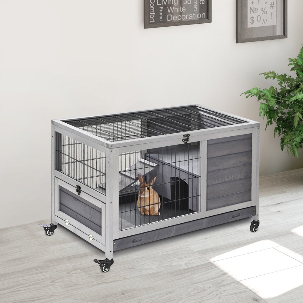 Pawhut Wooden Indoor Rabbit Hutch Elevated Cage Habitat with Enclosed Run with Wheels, Ideal for Rabbits and Guinea Pigs Animals & Pet Supplies > Pet Supplies > Small Animal Supplies > Small Animal Habitats & Cages Aosom LLC   