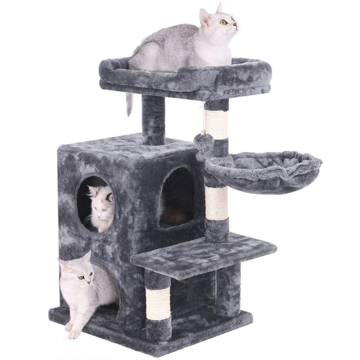 BEWISHOME Cat Tree Condo with Sisal Scratching Posts, Plush Perch, Dual Houses and Basket, Cat Tower Furniture Kitty Activity Center Kitten Play House MMJ06L Animals & Pet Supplies > Pet Supplies > Cat Supplies > Cat Furniture BEWISHOME Smoky Gray  