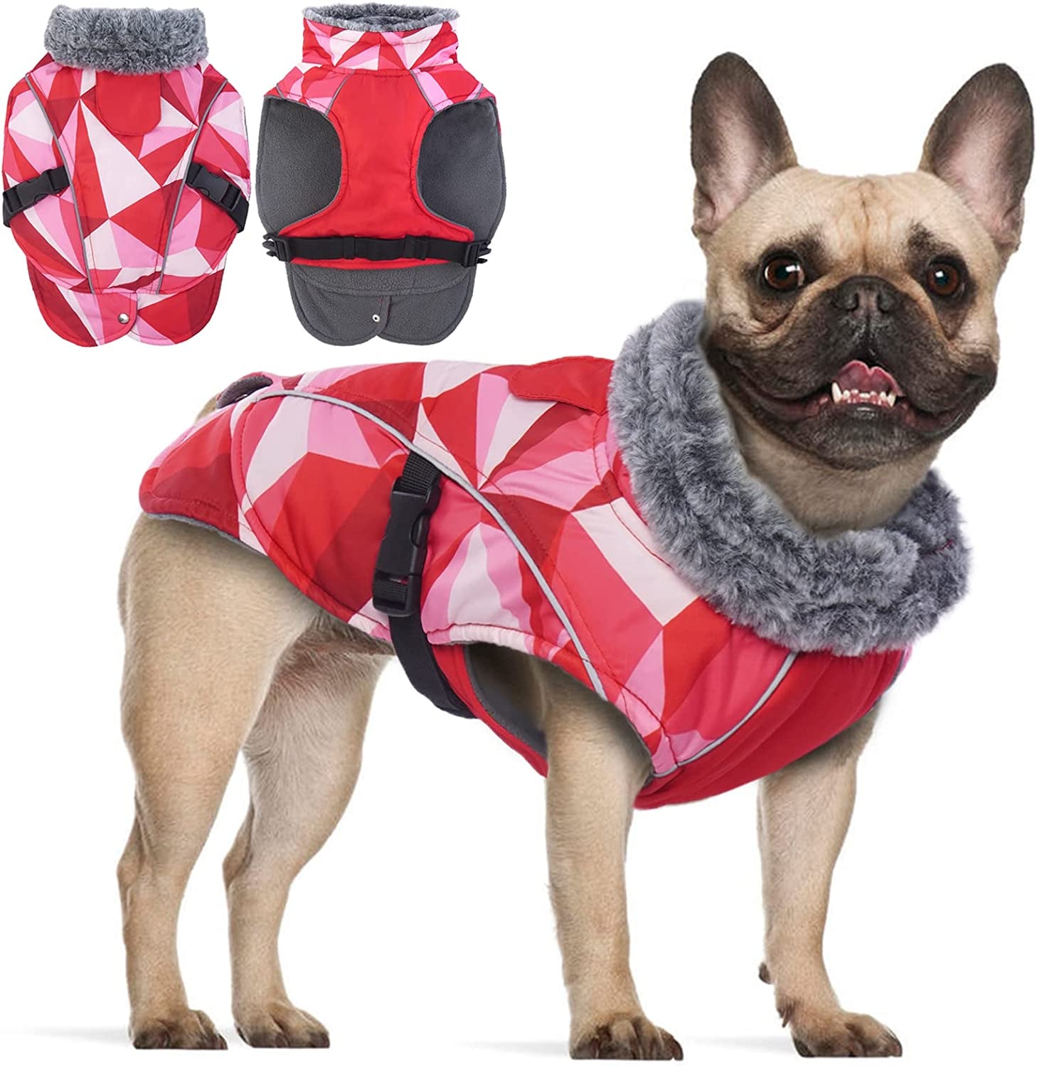 FUAMEY Dog Cold Weather Jacket,Dog Winter Coat with Fur Collar Pet Windproof Warm Vest Doggie Reflective Apparel Small Medium Large Paded Dog Clothes with Leash Hole Thick Dog Fleece Outdoor Coats Animals & Pet Supplies > Pet Supplies > Dog Supplies > Dog Apparel FUAMEY triangle Small(chest:14-17in) 