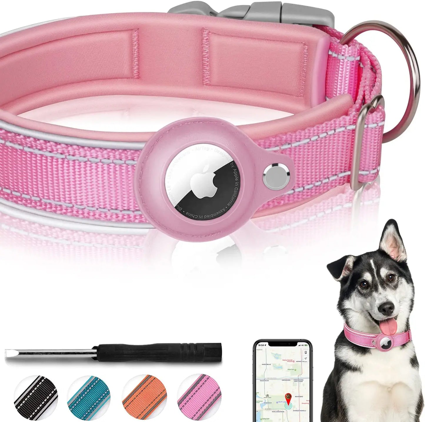 Reflective Airtag Dog Collar, FEEYAR Padded Apple Air Tag Dog Collar, Heavy Duty Dog Collar with Airtag Holder Case, Adjustable Air Tag Accessories Pet Collar for Small Medium Large Dogs Electronics > GPS Accessories > GPS Cases FEEYAR Pink L（17"-20"） 