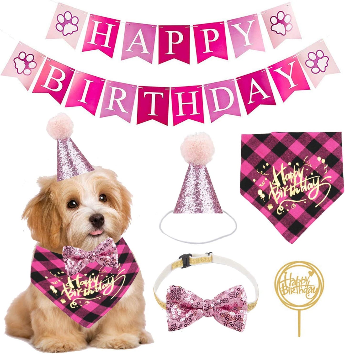 ADOGGYGO Dog Birthday Boy Bandana - Dog 1St Birthday Party Supplies - Dog 1St Birthday Hat Scarf Happy Birthday Banner Dog Boy First Birthday Outfit for Dogs Pets (Blue Hat&Scarf&Collar&Banner) Animals & Pet Supplies > Pet Supplies > Dog Supplies > Dog Apparel ADOGGYGO Pink  