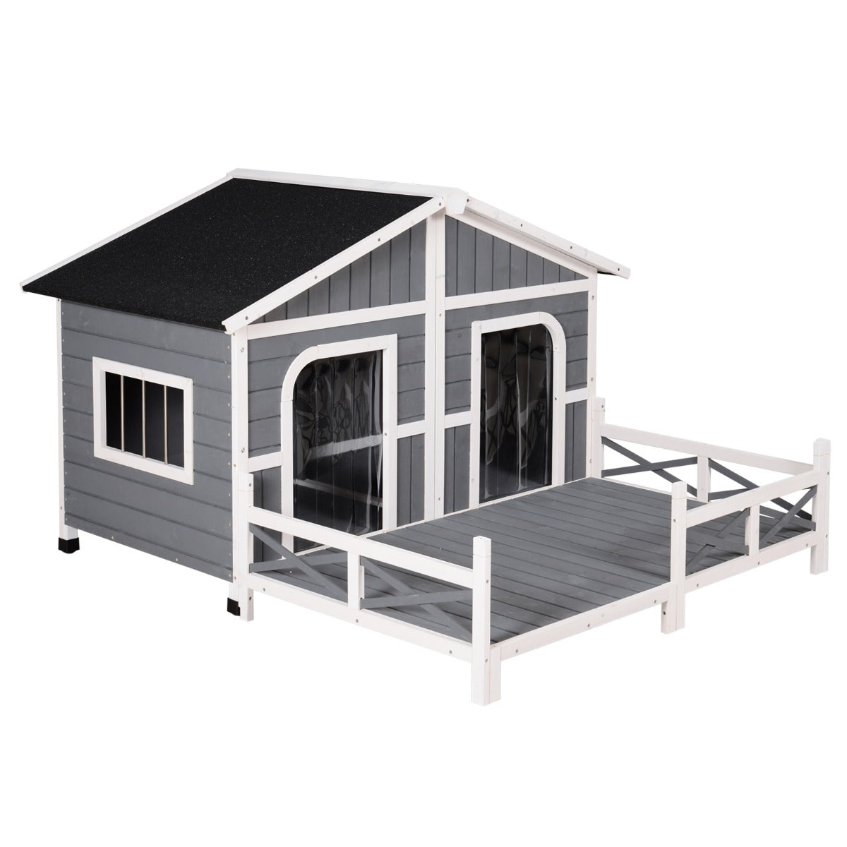 Festnight 59"X64"X39" Outdoor Dog House Weatherproof Rustic Log Cabin Style Wooden Raised Large Pet Shelter Nap W/ Porch