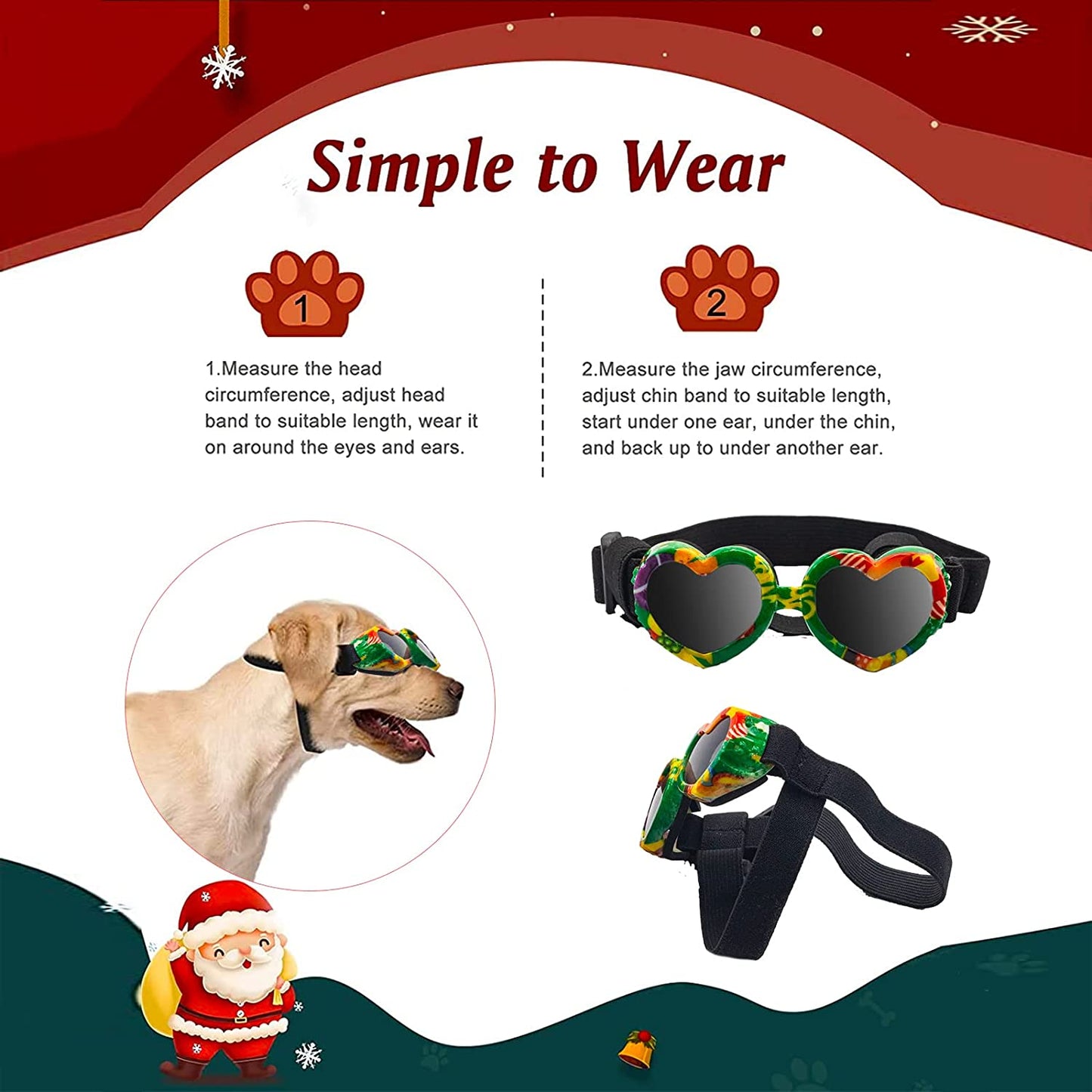 Dog Goggles, Christmas Small Dog Sunglasses, UV Protection Goggles with Adjustable Strap, Doggy Heart Shape Windproof Anti-Fog Pet Glasses for Puppy Eyes Wear Protective (Christmas-Green) Animals & Pet Supplies > Pet Supplies > Dog Supplies > Dog Apparel 8965232151   