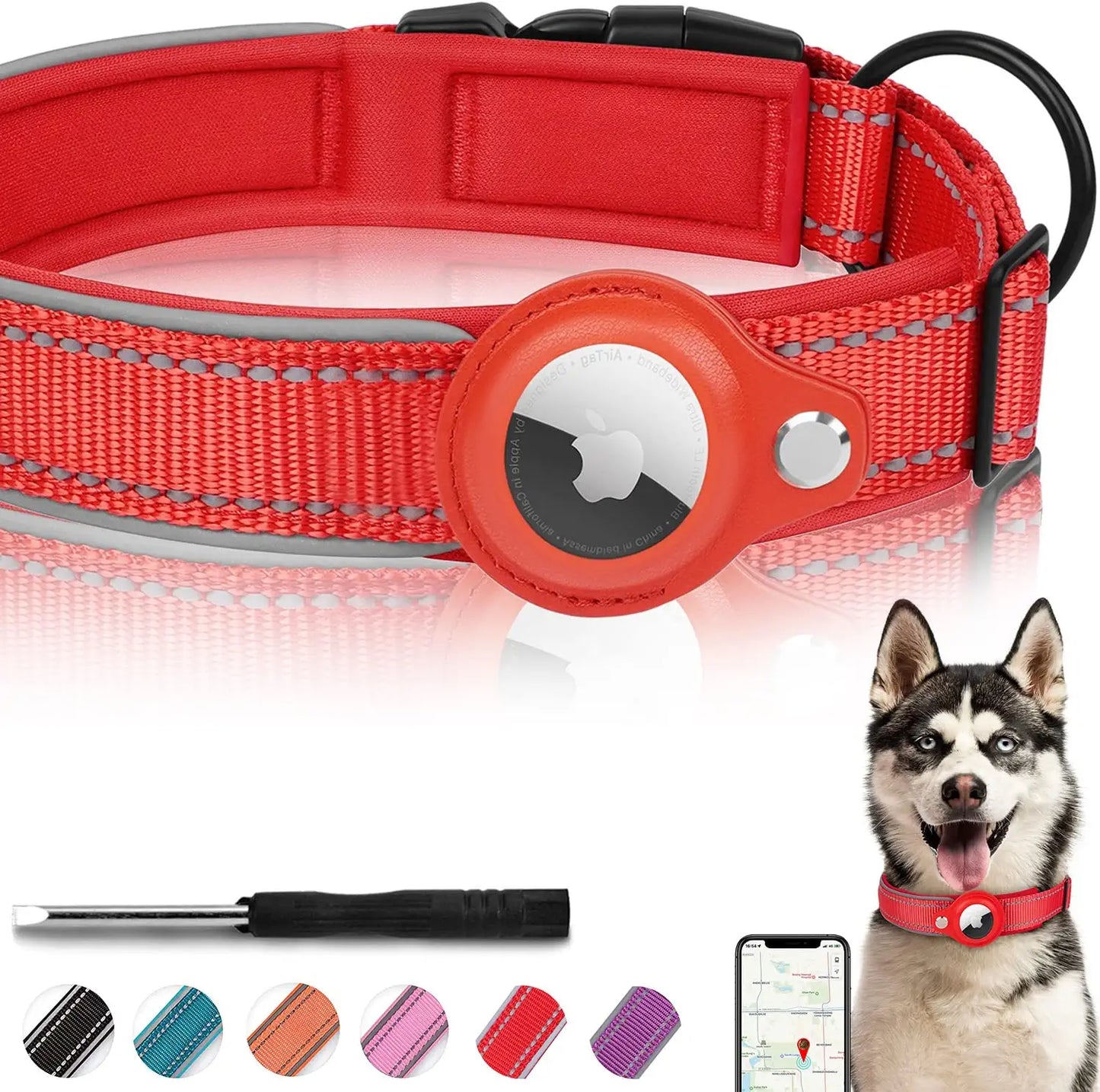 Reflective Airtag Dog Collar, FEEYAR Padded Apple Air Tag Dog Collar, Heavy Duty Dog Collar with Airtag Holder Case, Adjustable Air Tag Accessories Pet Collar for Small Medium Large Dogs Electronics > GPS Accessories > GPS Cases FEEYAR Red XL（19"-22"） 