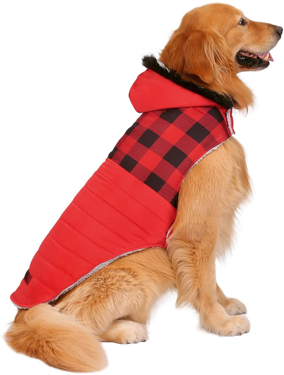 HDE Dog Puffer Jacket Fleece Lined Warm Dog Parka Winter Coat with Harness Hole Navy Retro Stripe - L Animals & Pet Supplies > Pet Supplies > Dog Supplies > Dog Apparel HDE Buffalo Plaid Large 