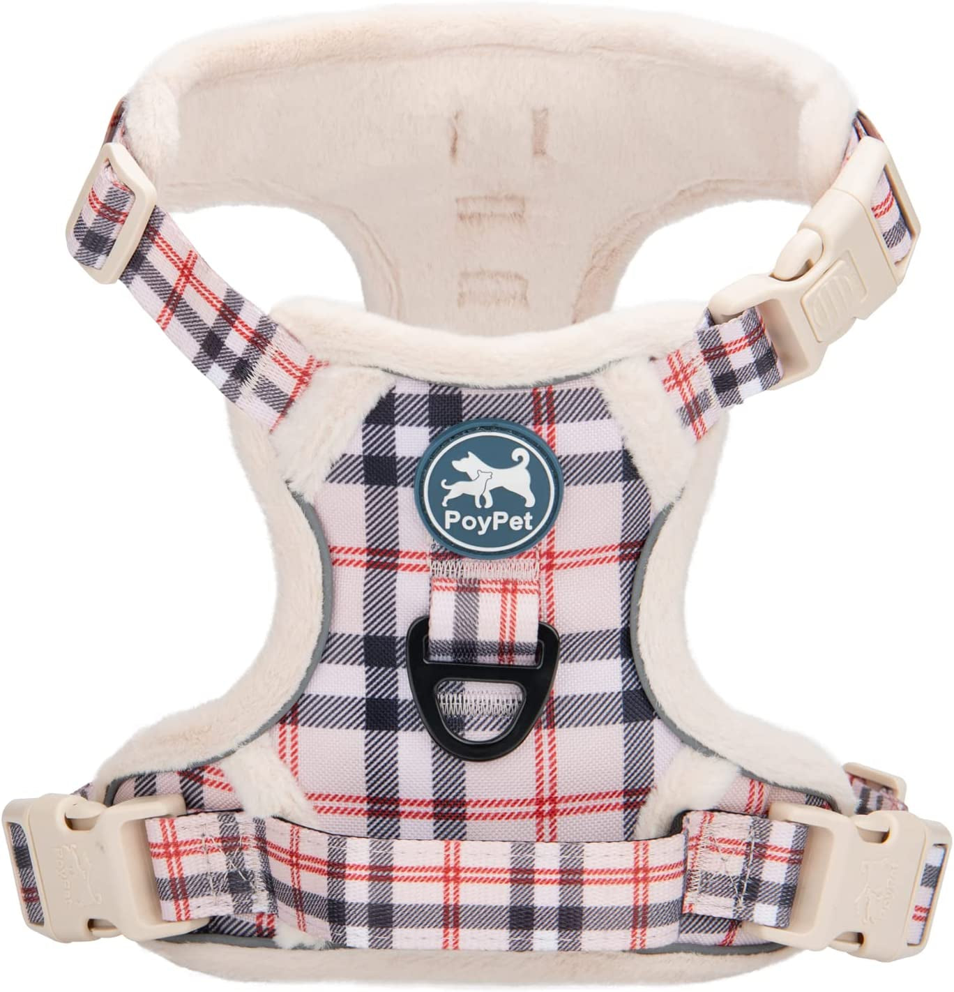 Poypet Plush Dog Harness, Soft Padded No Pull Vest Harness, Reflective Adjustable Escape Proof with Easy Control Handle for Small Medium Large Dogs(Checkered Red,L) Animals & Pet Supplies > Pet Supplies > Dog Supplies > Dog Apparel PoyPet Checkered Beige Medium 