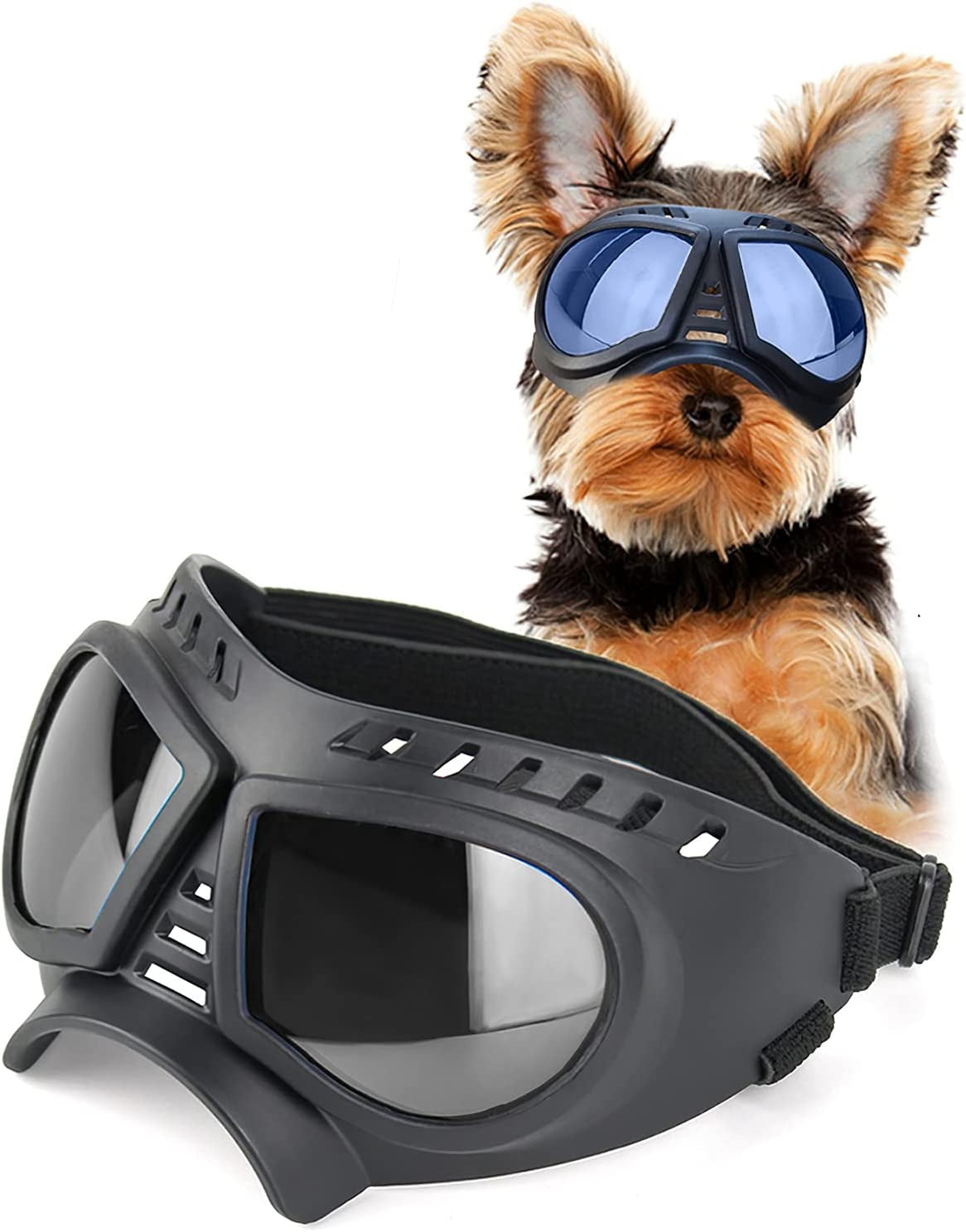 SLDPET Dog Sunglasses for Small Breed Dog Goggles Dog UV Glasses Windproof Snowproof for Long Snout Dogs Mask with Soft Frame Adjustable Straps for Small/Medium Dogs Puppy (Black with Blue Lens) Animals & Pet Supplies > Pet Supplies > Dog Supplies > Dog Apparel SLDPET Black with Silver lens  