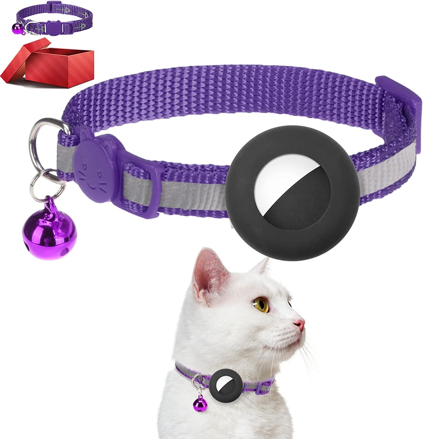 DILLYBUD Airtag Cat Collar Holder 2 Pack Reflective Air Tag Cat Collars Breakaway with Bell, Silicone Waterproof Airtag Case Compatible with Apple Airtag for Small Pets Puppy Kitten Electronics > GPS Accessories > GPS Cases DILLYBUD Purple Leather 