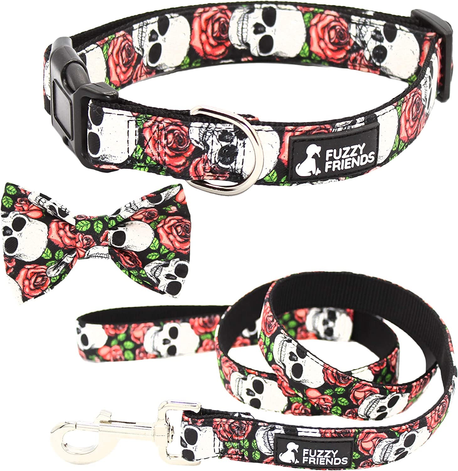 Sugar Skull and Roses Dog Bow Tie Collar with Optional Matching Leash Set. Great Dog Bow Tie for Any Occasion. One of the Most Durable Male or Female Dog Collars for Large Breeds or Small Animals & Pet Supplies > Pet Supplies > Dog Supplies > Dog Apparel Fuzzy Friends Sugar Skull Collar and Leash Large 