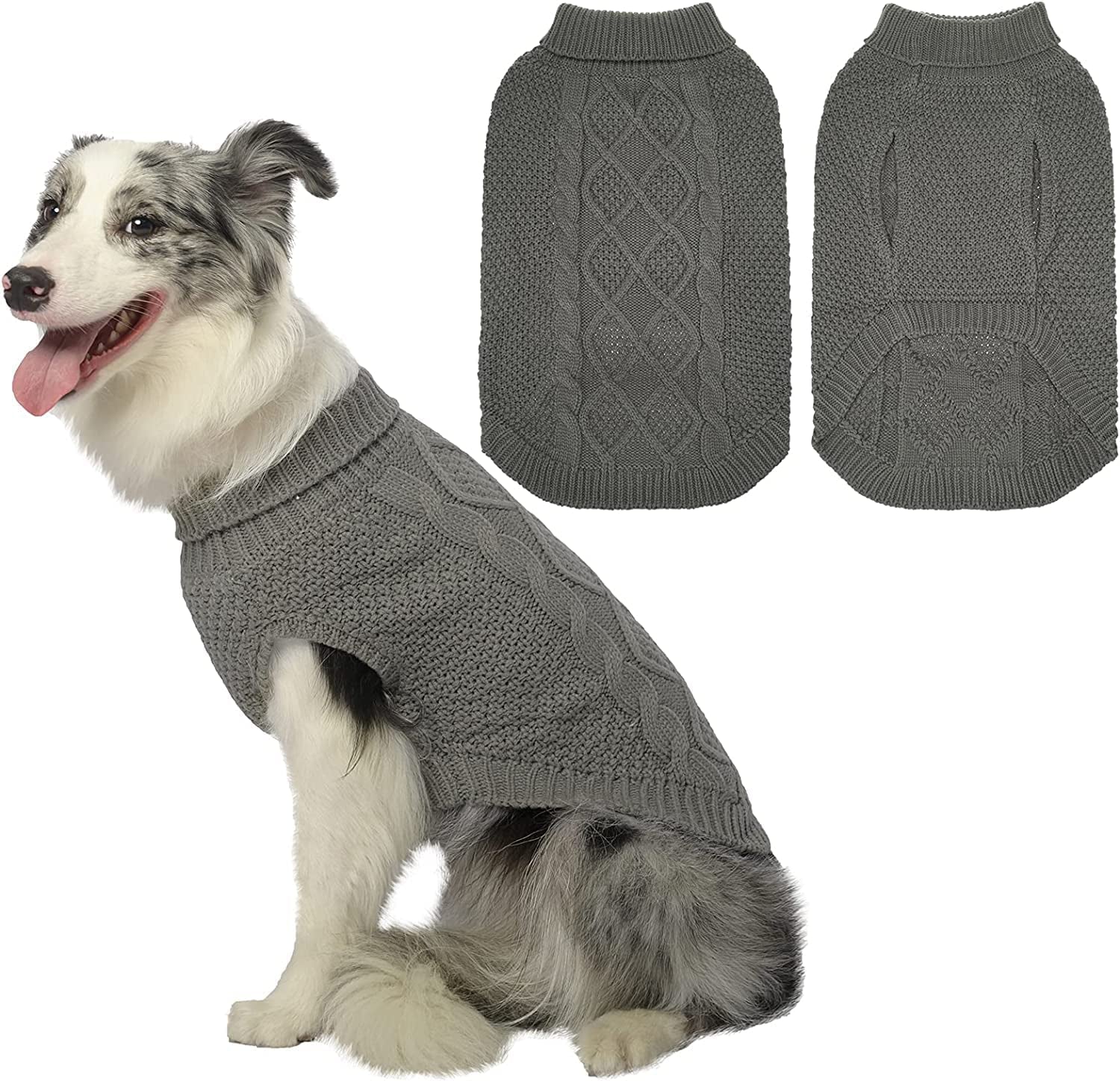 Mihachi Turtleneck Dog Sweater - Winter Coat Apparel Classic Cable Knit Clothes with Leash Hole for Cold Weather, Ideal Gift for Pet in New Year Animals & Pet Supplies > Pet Supplies > Dog Supplies > Dog Apparel Mihachi Smoky Gray Medium 