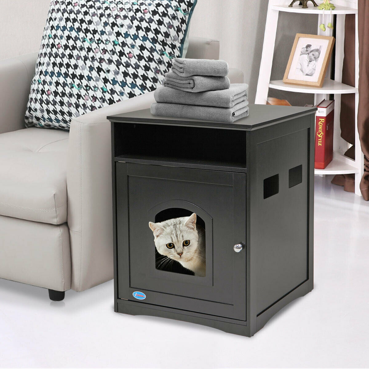 Cat House Litter Washroom Pet Box Enclosure Hidden Indoor Furniture Wooden