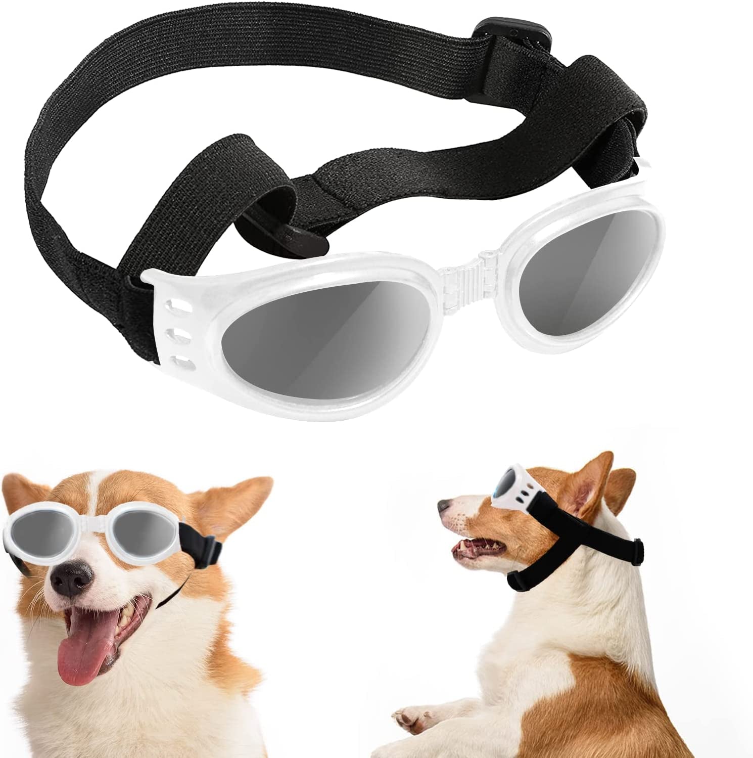 Franyyco Small Dog Sunglasses UV Protection Goggles with Adjustable Straps, Conditionable at Nose Bridge, Frame with Breathing Holes and High Density Sponge, Windproof Dustproof Anti-Fog Glasses Animals & Pet Supplies > Pet Supplies > Dog Supplies > Dog Apparel FranyyCo White  