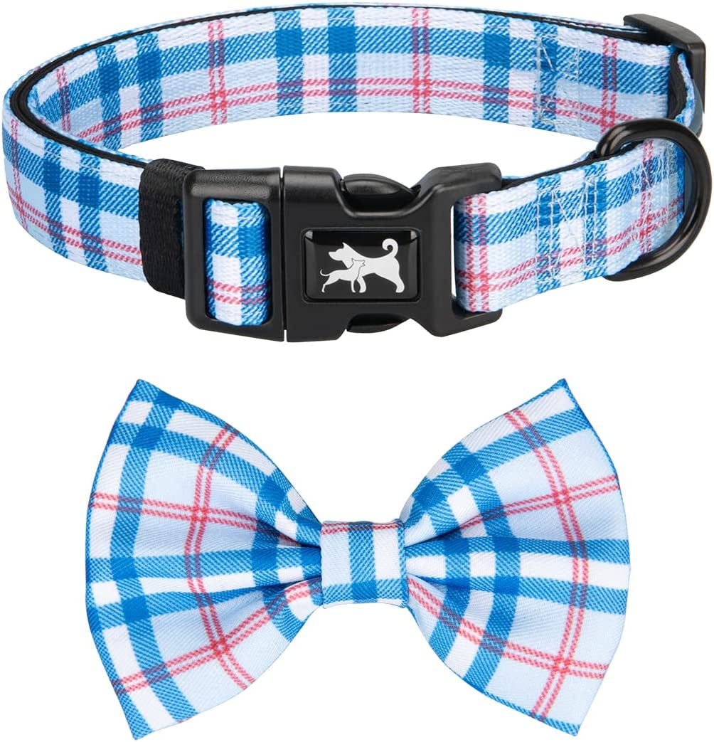 Poypet Plaid Dog Collar Bow Tie Set - Cute Adjustable Soft for Small Puppy (Checkered Beige,S) Animals & Pet Supplies > Pet Supplies > Dog Supplies > Dog Apparel PoyPet Checkered Blue & Red Medium (Pack of 1) 