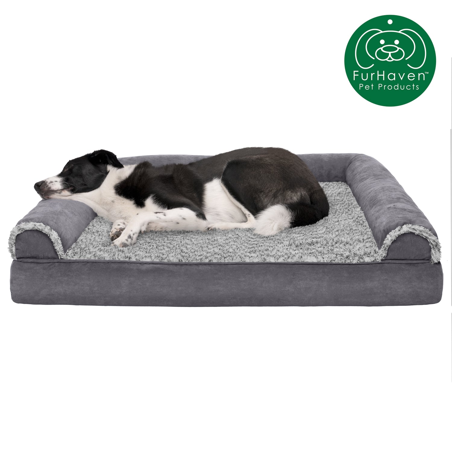 Furhaven Pet Products Full Support Orthopedic Two-Tone Faux Fur & Suede Sofa Pet Bed for Dogs & Cats, Stone Gray, Jumbo