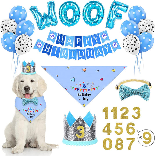 Dog Birthday Party Supplies, Selemoy Dog Birthday Bandana Scarf, Doggie Boy Birthday Party Hat with Number, Bowtie Paw Balloons Banner for Small Medium Puppy Dog Pets, Dog Birthday Party Decorations Animals & Pet Supplies > Pet Supplies > Dog Supplies > Dog Apparel Selemoy   