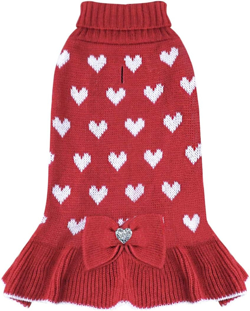 KYEESE Valentine'S Day Dog Sweater Dress with Bowtie Red Heart Small Dog Sweater with Leash Hole Turtleneck Dog Knitwear Animals & Pet Supplies > Pet Supplies > Dog Supplies > Dog Apparel kyeese 1# Valentines (Red heart) X-Large (19-27lbs) 