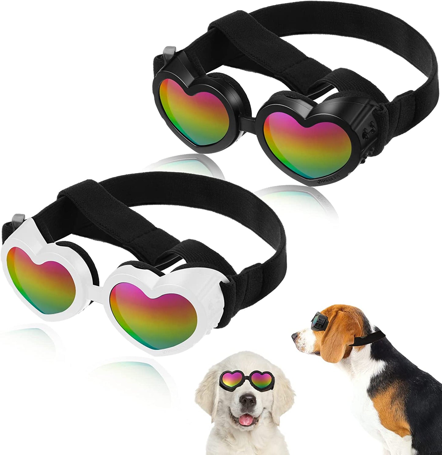 2 Pcs Dog Sunglasses Heart Shape Dog Goggles Small Medium Breed Dog Eye Protection Goggles anti Fog Glasses with Adjustable Strap for Dog Pet Windproof Foldable Eye Wear (Black, Pink) Animals & Pet Supplies > Pet Supplies > Dog Supplies > Dog Apparel Geelin Black, White  