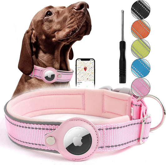 Reflective Airtag Dog Collar, Heavy Duty Apple Air Tag Dog Collar, Padded Pet Collar with 2022 Updated Airtag Dog Collar Holder Case, Adjustable for Small Medium Large Breeds, Pink Small Electronics > GPS Accessories > GPS Cases Taporse Pink Small 12“-14” 