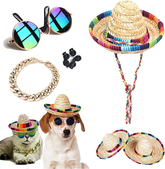 Dog Hat, Mini Sombrero Mexican Hats, Classic Retro Pet Sunglasses and Adjustable Pet Chain, Pet Photo Suit, Pet Supplies for Small Dog and Cat(Straw Hat) Animals & Pet Supplies > Pet Supplies > Dog Supplies > Dog Apparel FT HITA Straw Hat  