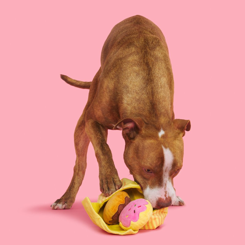 BARK Fresh Barked Donuts Dog Toy, Brown & Pink - Barkfest in Bed