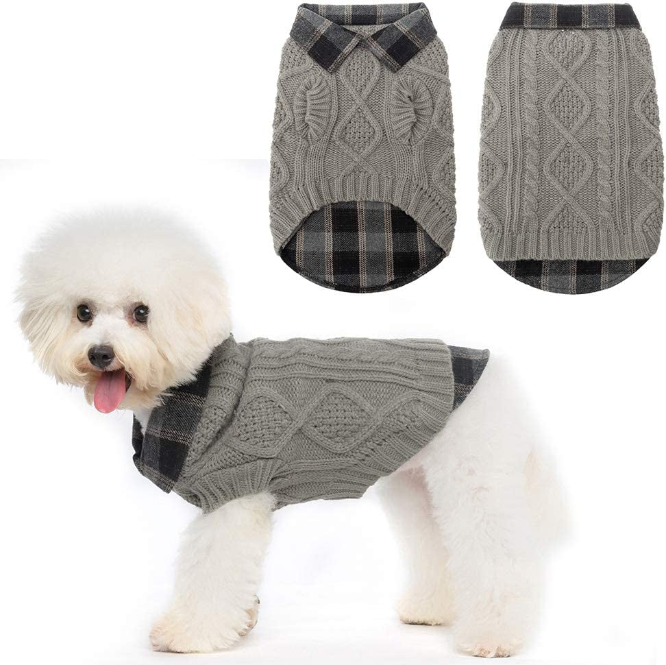 Warm Dog Sweater Winter Clothes - Plaid Patchwork Pet Doggy Knitted Sweaters Comfortable Coats for Cold Weather, Fit for Small Medium Large Dogs Animals & Pet Supplies > Pet Supplies > Dog Supplies > Dog Apparel Homimp Grey Small 