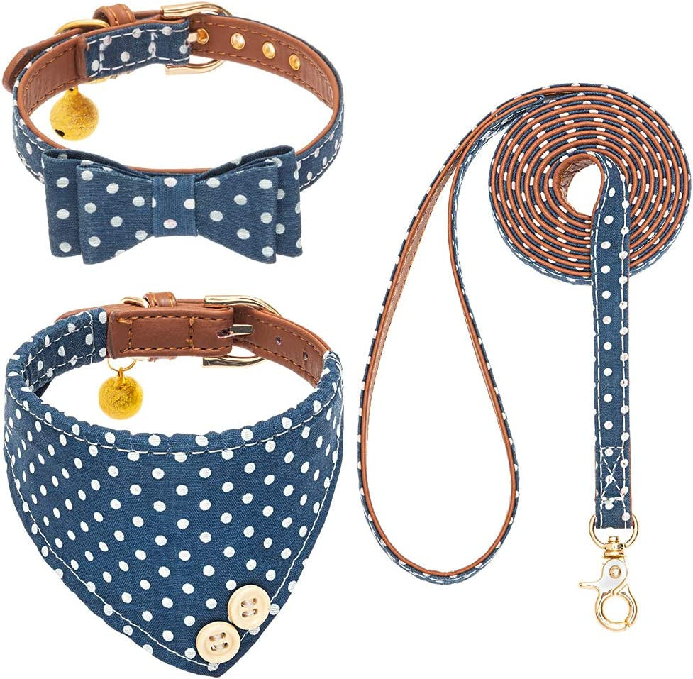 EXPAWLORER Dog Collar and Leash Set - Classic Plaid Dog Bow Tie and Dog Bandana Collar with Bell, Dog Leash Tangle Free, Adjustable Collars for Small Medium Large Dogs Cats, Holiday Ideal Gift Animals & Pet Supplies > Pet Supplies > Dog Supplies > Dog Apparel EXPAWLORER Polka Dots Small 