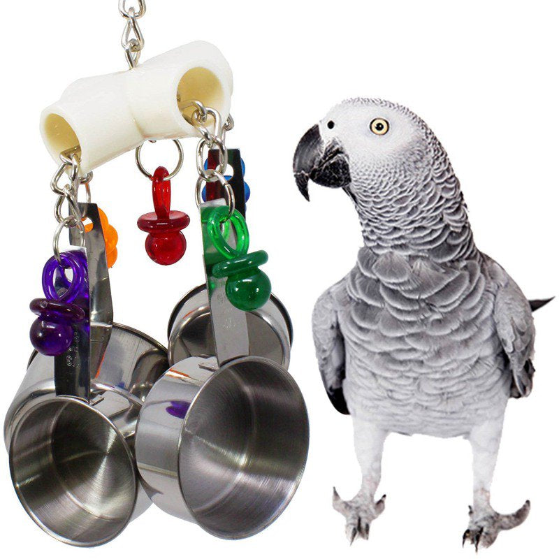 Big Clearance! 4 in 1 Pet Parrot Pot Toy, Bird Chew Toys with Stainless Steel Pot Which Hanging in Cage for Parrot Conure Cockatoo Macaw African Grey Parakeet Cockatiel Lovebird Finch Cage Animals & Pet Supplies > Pet Supplies > Bird Supplies > Bird Toys ZeHui 1 Pcs Silver 