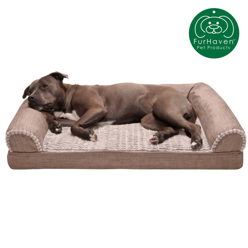 Furhaven Pet Products | Memory Foam Luxe Fur & Performance Linen Sofa-Style Couch Pet Bed for Dogs & Cats, Woodsmoke, Large Animals & Pet Supplies > Pet Supplies > Cat Supplies > Cat Beds FurHaven Pet Orthopedic Foam L Woodsmoke