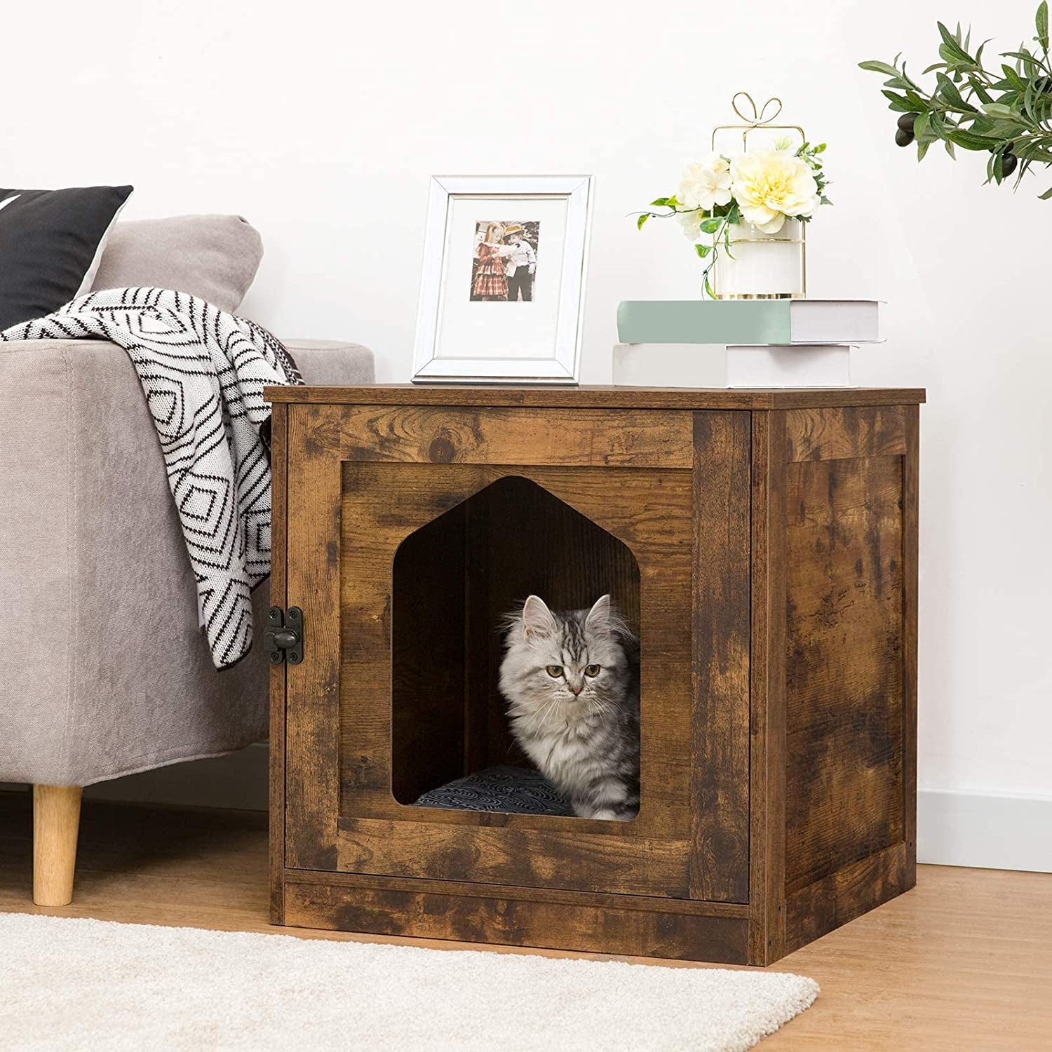 MZDXJ Cat Litter Box Enclosure, Hidden Litter Box Furniture, Enclosed Cat House Side Table, Cat Washroom with Door, Enlarged Cat Litter Cabinet for Fat Orange Cat, Nightstand, Rustic Brown BF01MW01