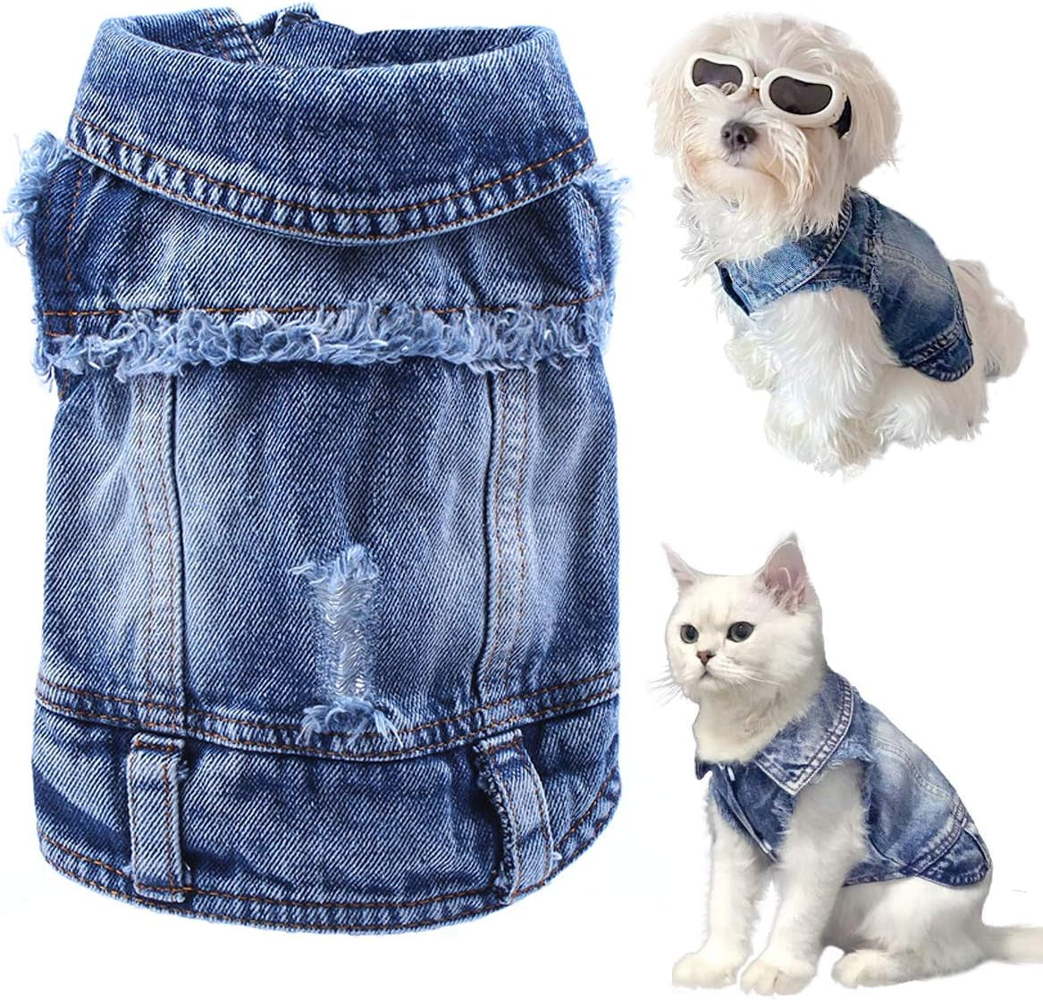 LKEX Dog Jean Jacket, Cool and Soft Shirt, Pet Blue Denim Coat, Classic Lapel Vests, Fashion Clothes for Small Medium Dogs Cats L Animals & Pet Supplies > Pet Supplies > Dog Supplies > Dog Apparel LKEX S  