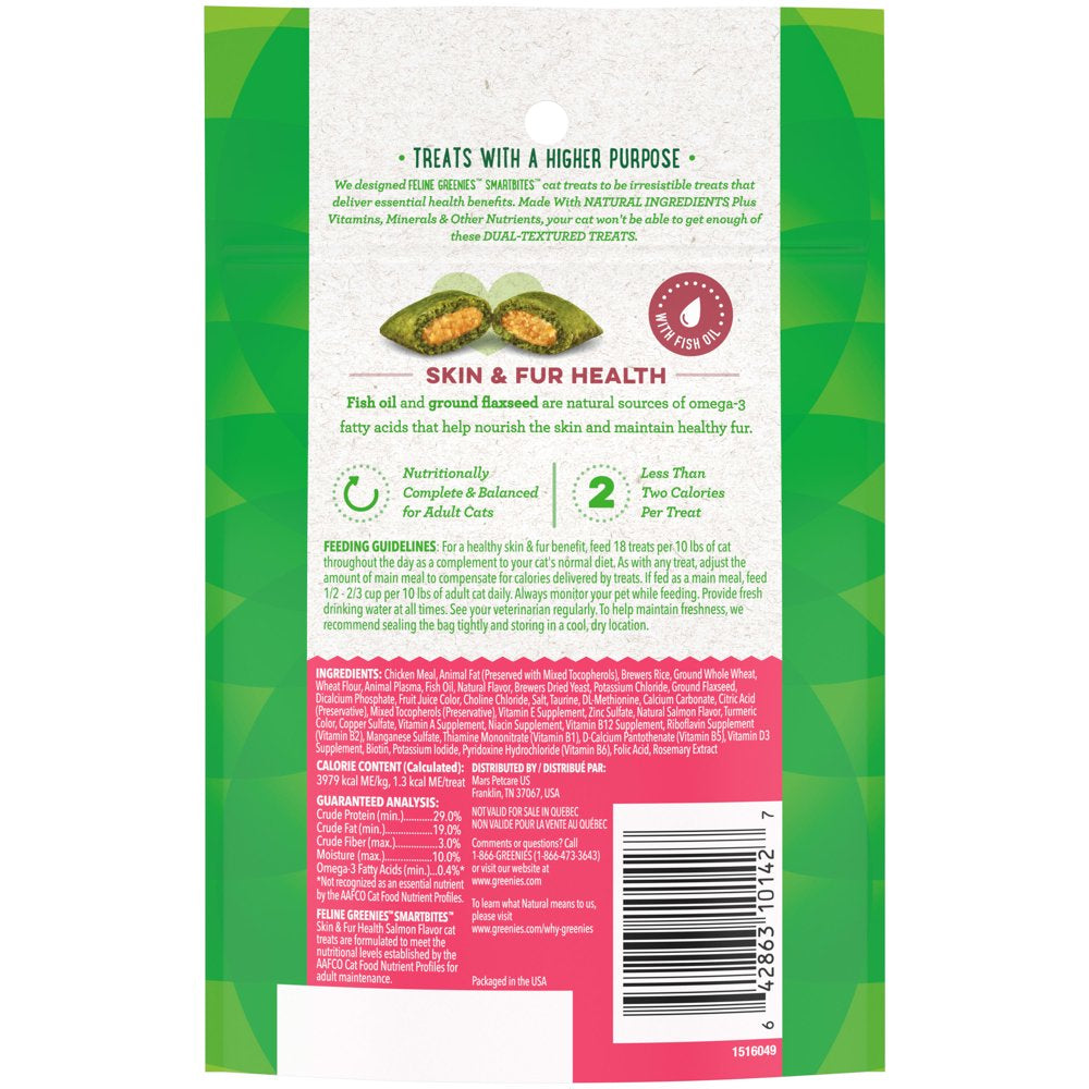 FELINE GREENIES SMARTBITES Skin & Fur Crunchy and Soft Natural Cat Treats, Salmon Flavor, 2.1 Oz. Pack Animals & Pet Supplies > Pet Supplies > Cat Supplies > Cat Treats Mars Petcare   