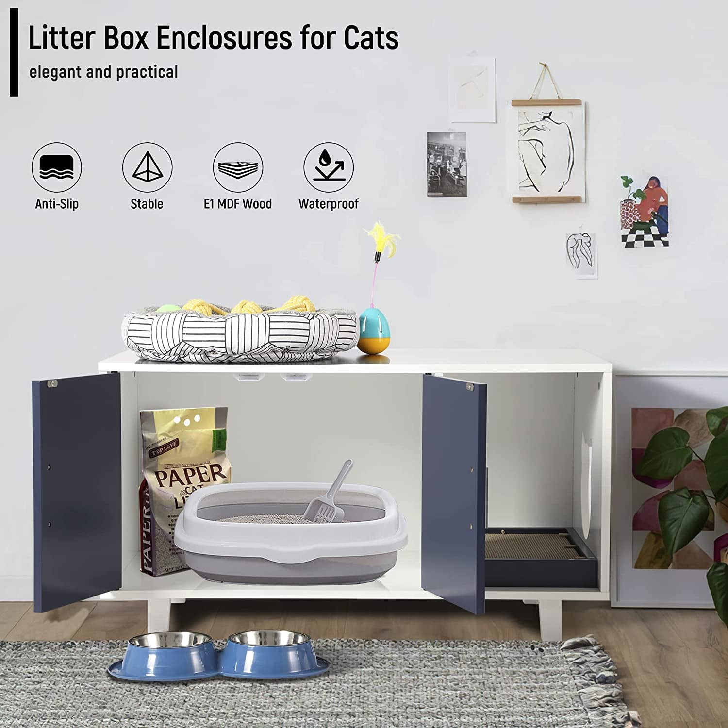 KIGOTY Cat Litter Box Enclosure Cat House Cabinet Furniture, White Blue
