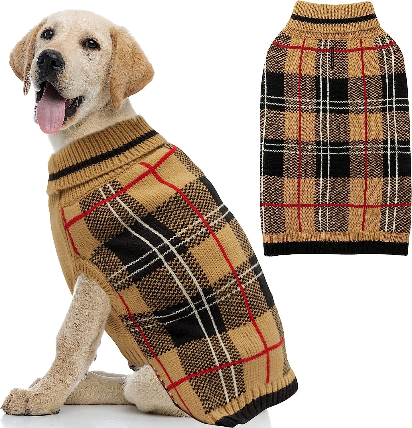 MIMLOB Dog Sweater for Small Medium Large Dogs - Plaid Warm Winter Fall Dog Sweater Vest - Knitted Turtleneck Pullover Cold Weather Dog Clothes with Leash Hole (S-XL) Animals & Pet Supplies > Pet Supplies > Dog Supplies > Dog Apparel MIMLOB M: neck 13"-15", chest 21"-24"  