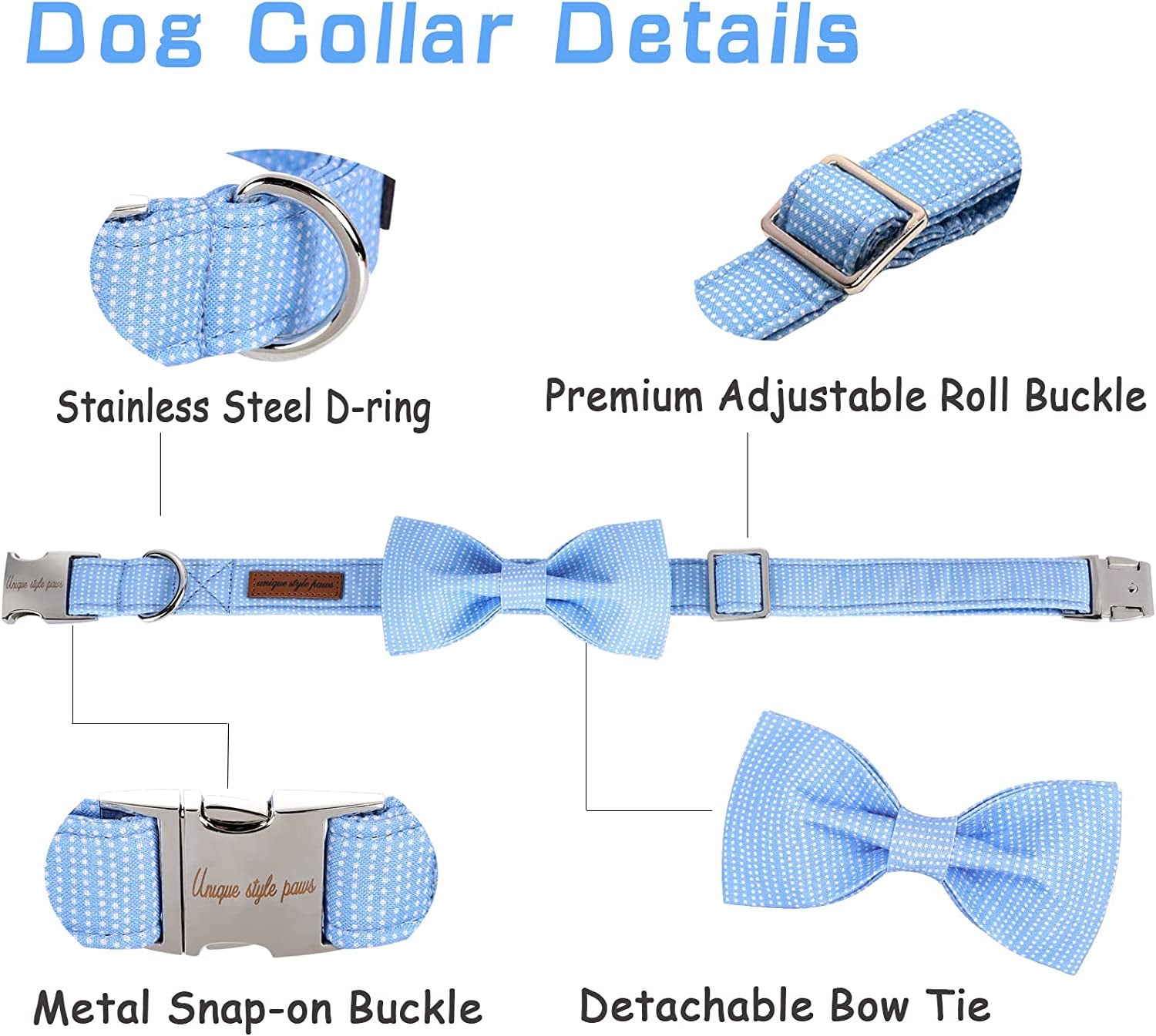 Unique Style Paws Dog Collar with Bow Tie Blue Dot Summer Dog Collar for Small Medium Large Dogs with Adjustable Metal Buckle - M Animals & Pet Supplies > Pet Supplies > Dog Supplies > Dog Apparel Unique style paws   