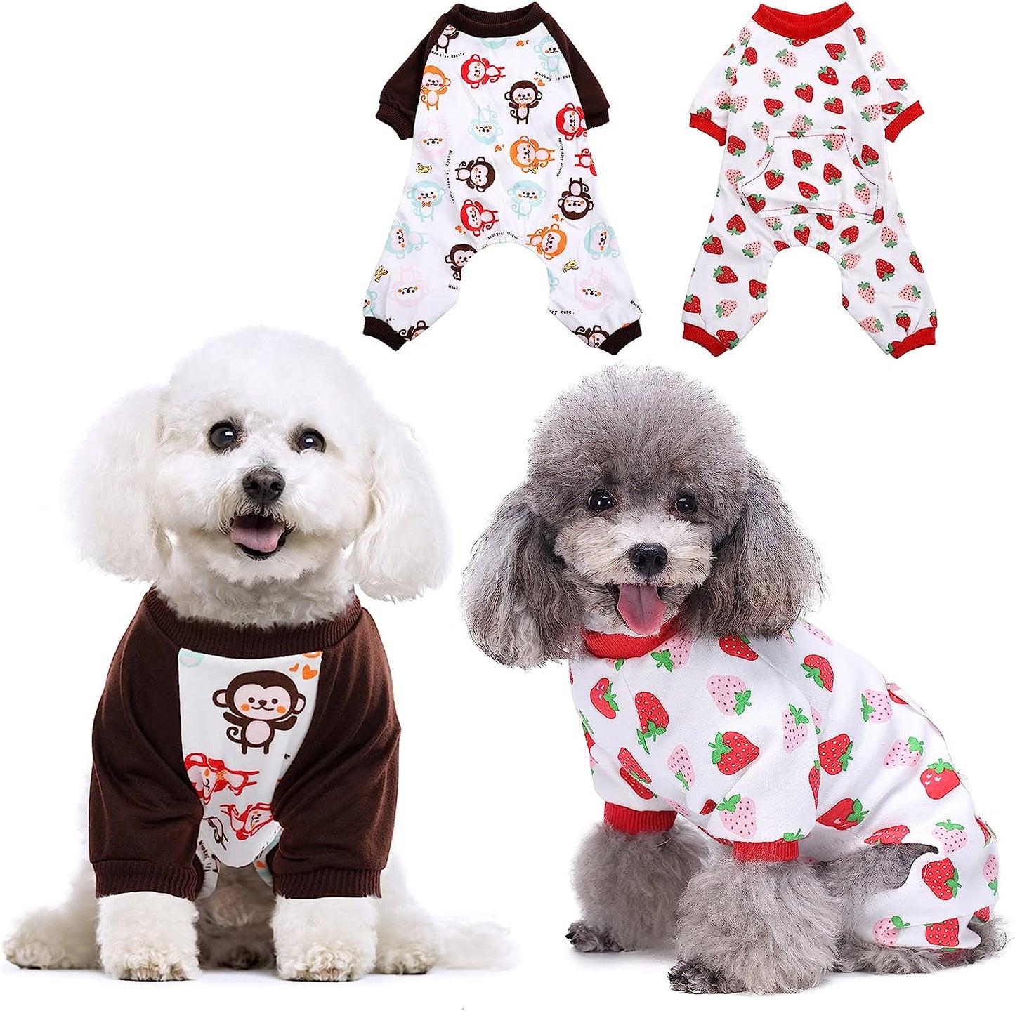 KOESON 2 Pack Cotton Dog Pajamas, Cozy Stretchy Cat Onesie Pet Jumpsuit Clothes with Cute Fruit/Animal Pattern, Soft Breathable Puppy Rompers Bodysuit Shirts for Small Medium Dogs Cats Animals & Pet Supplies > Pet Supplies > Dog Supplies > Dog Apparel KOESON Monkey & Strawberry X-Small 