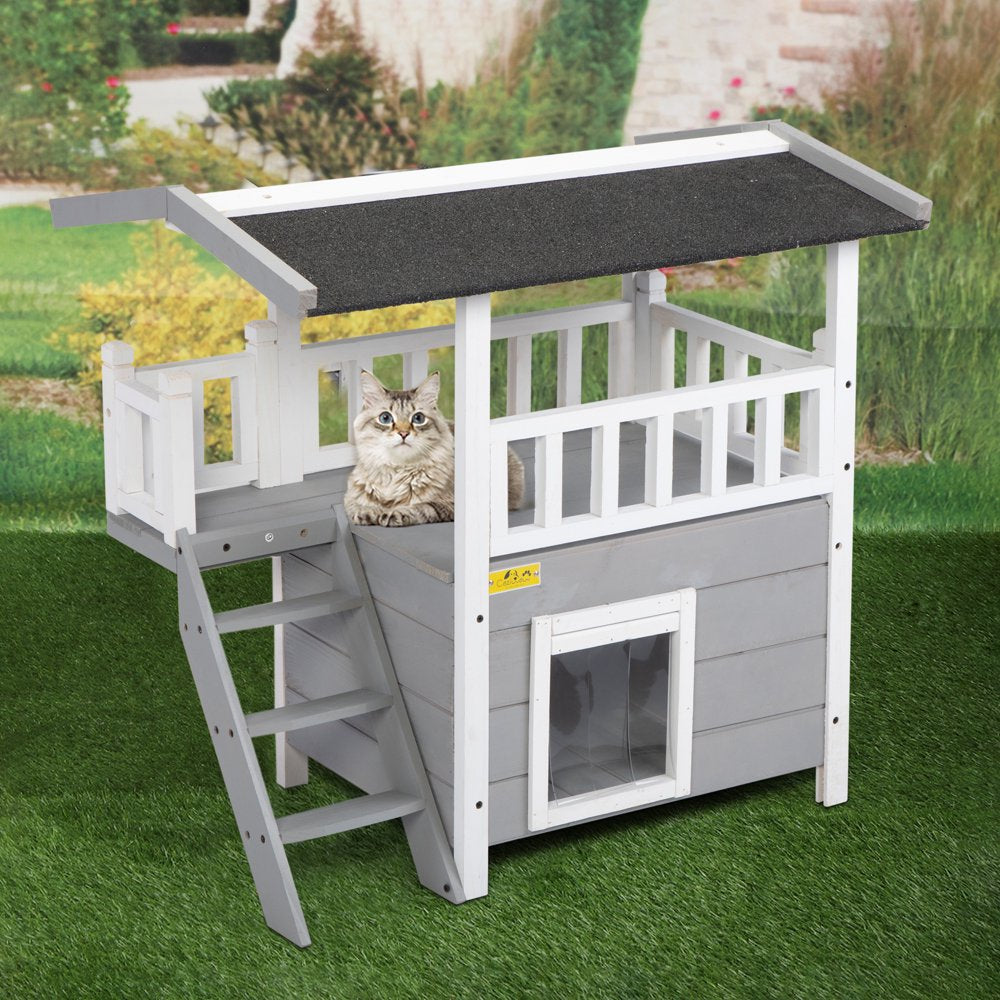 Coziwow Wooden Cat Dog House Outdoor with Shelter Balcony, Gray Animals & Pet Supplies > Pet Supplies > Dog Supplies > Dog Houses Jaxpety   