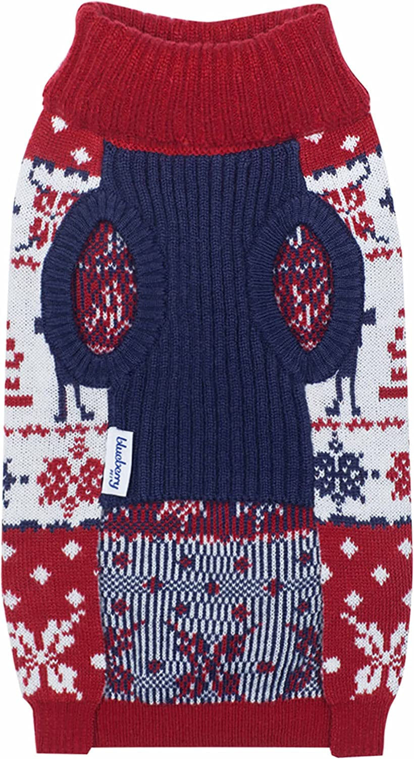 Blueberry Pet Ugly Christmas Reindeer Dog Sweater Turtleneck Holiday Family Matching Clothes for Dog, Tango Red & Navy Blue, Back Length 12", Warm Winter Outfit for Small Dogs Animals & Pet Supplies > Pet Supplies > Dog Supplies > Dog Apparel Blueberry Pet   