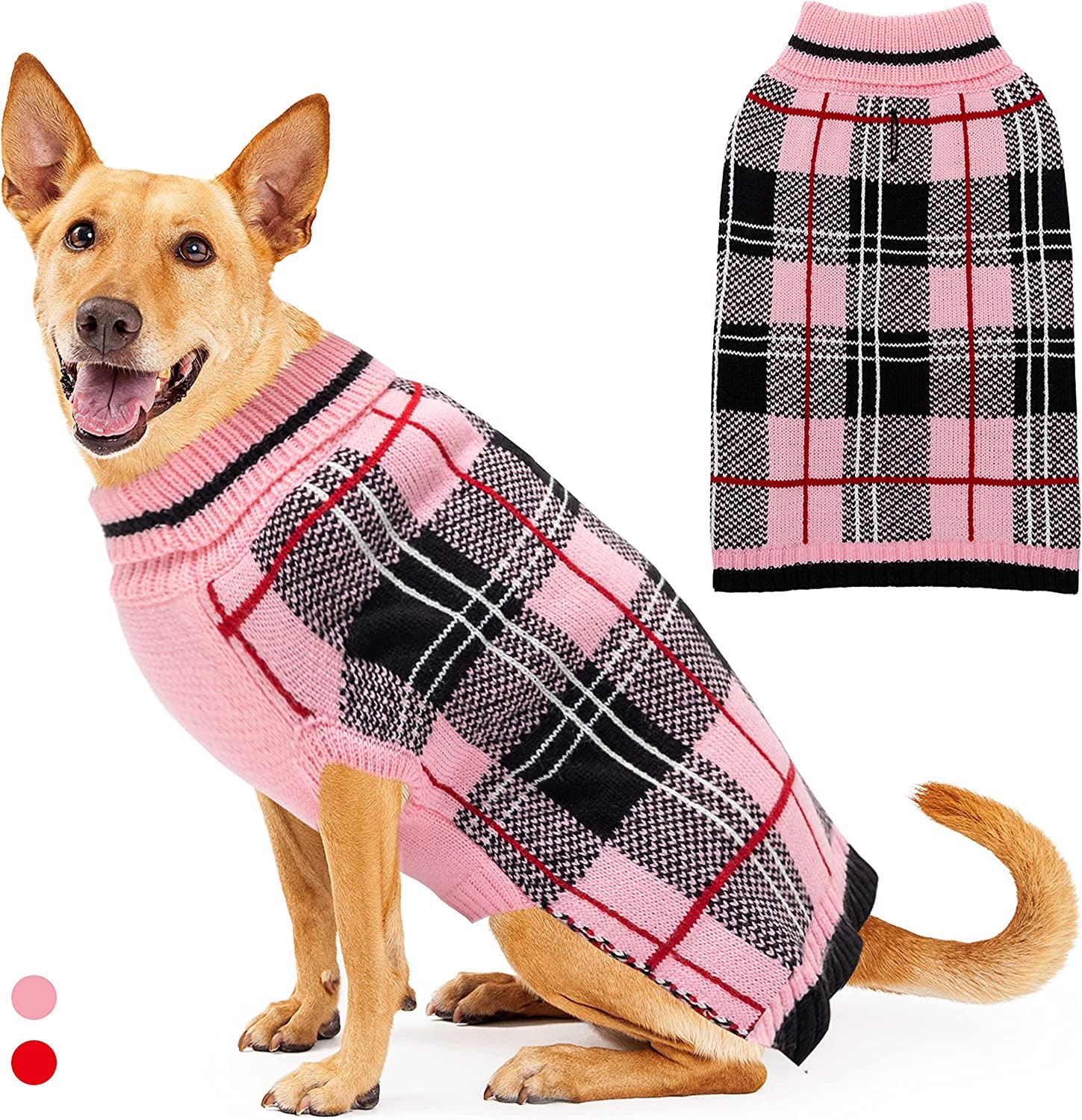 Dog Sweater for Small Medium Large Dog - Pink Plaid Christmas Winter Dog Sweater Vest for Cold Weather - Knitted Turtleneck Warm Pullover Dog Clothes with Leash Hole (S-XL) Animals & Pet Supplies > Pet Supplies > Dog Supplies > Dog Apparel MIMLOB Pink L: neck 17"-22", chest 28"-30.5" 