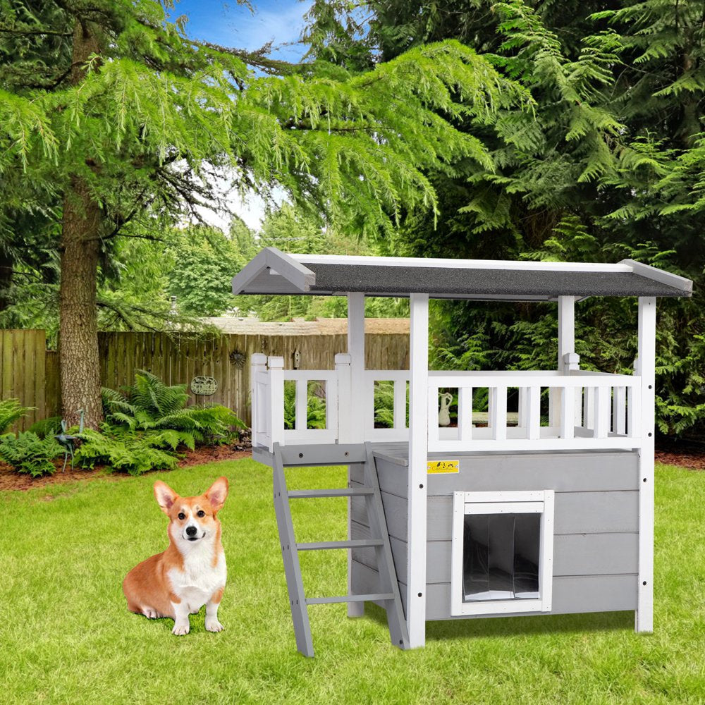 Coziwow Wooden Cat Dog House Outdoor with Shelter Balcony, Gray Animals & Pet Supplies > Pet Supplies > Dog Supplies > Dog Houses Jaxpety   